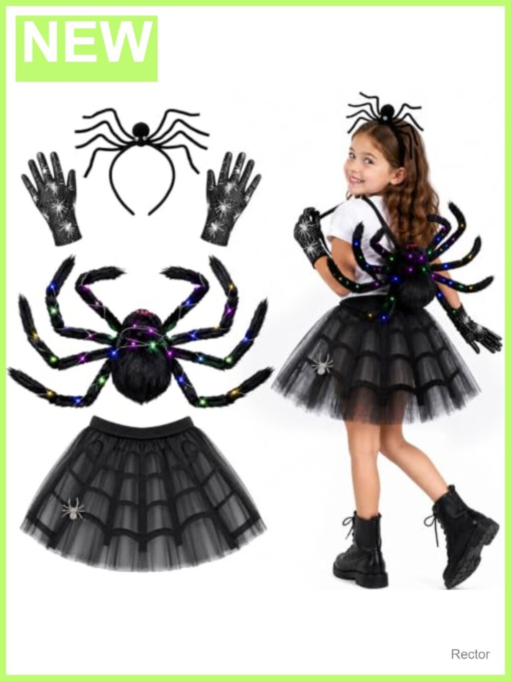 Girls Light Up Spider Costume Set with Tutu Skirt Gloves Headband